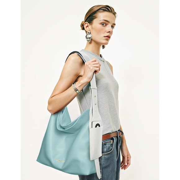 Women's Light Blue Tote Hobo Vegan Leather Shoulder Strap Zippered Pocket Bag - Picture 3 of 5